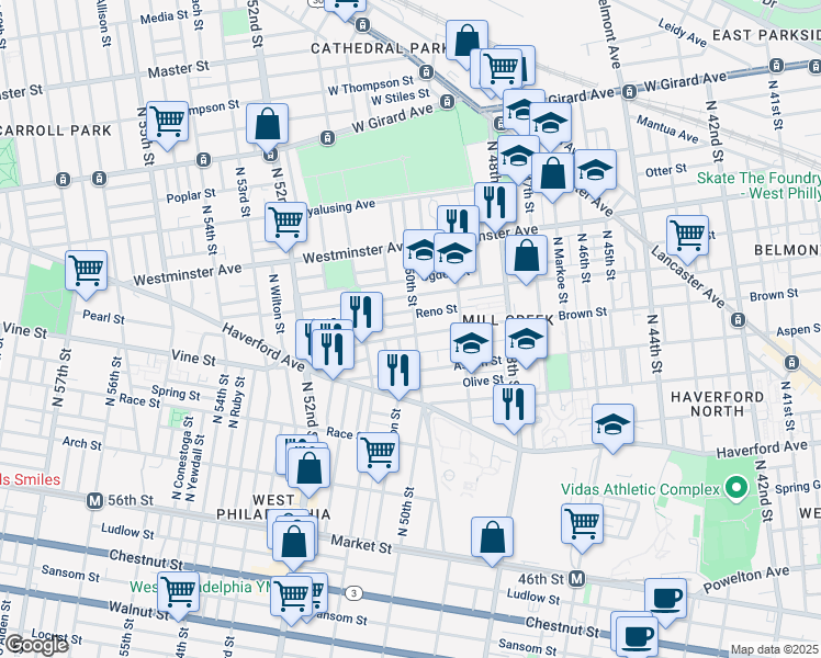 map of restaurants, bars, coffee shops, grocery stores, and more near 5003 Brown Street in Philadelphia