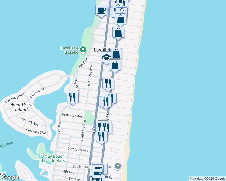 map of restaurants, bars, coffee shops, grocery stores, and more near 1606 Grand Central Avenue in Lavallette