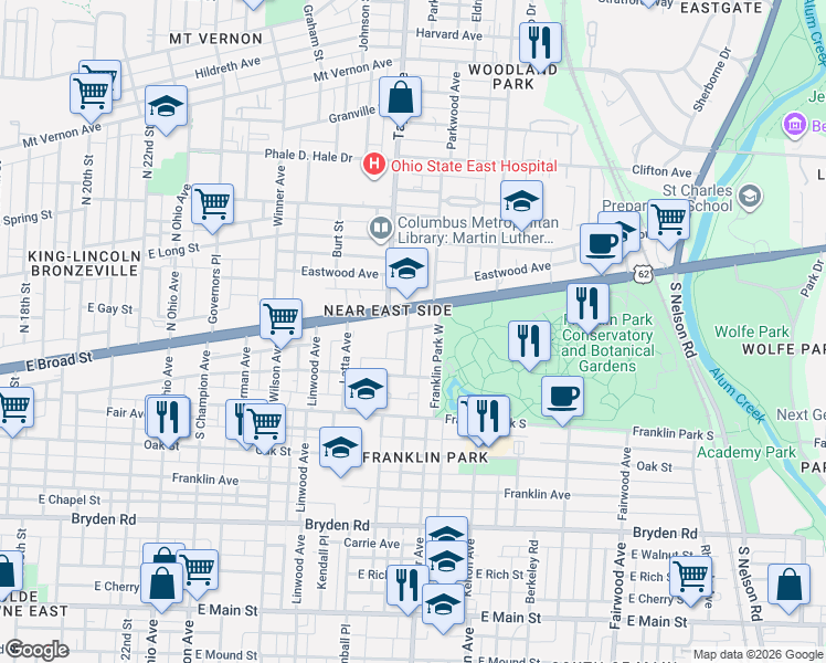 map of restaurants, bars, coffee shops, grocery stores, and more near 28 Auburn Avenue in Columbus