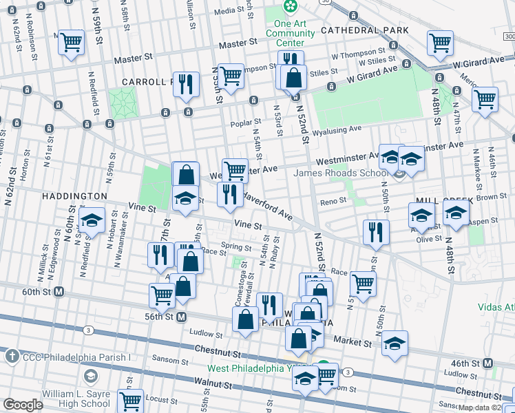 map of restaurants, bars, coffee shops, grocery stores, and more near 5412 Haverford Avenue in Philadelphia