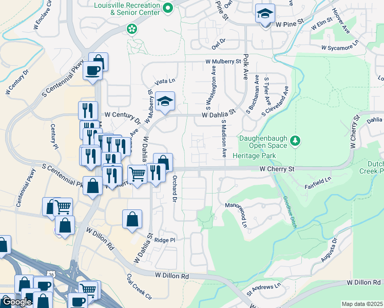 map of restaurants, bars, coffee shops, grocery stores, and more near 817 West Conifer Court in Louisville