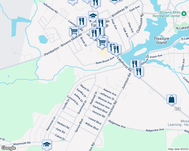 map of restaurants, bars, coffee shops, grocery stores, and more near 2 Scammell Drive in Pemberton Township