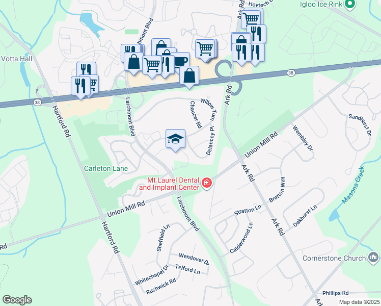 map of restaurants, bars, coffee shops, grocery stores, and more near 390B Delancey Place in Mount Laurel Township