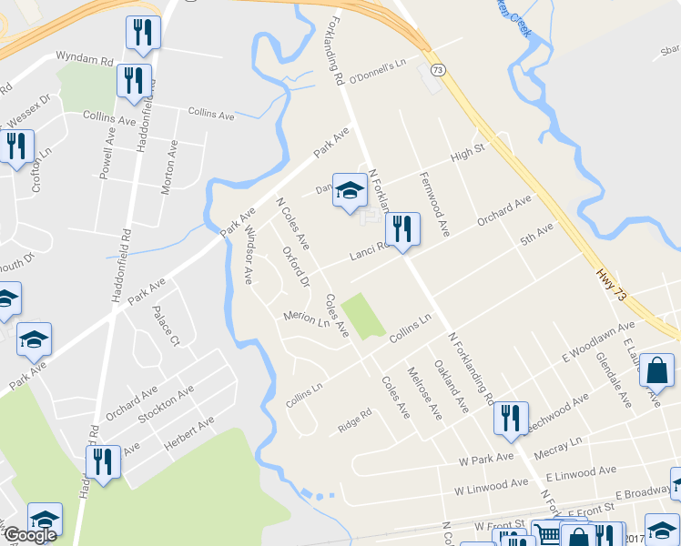 map of restaurants, bars, coffee shops, grocery stores, and more near 16 Farmhouse Ln in Maple Shade