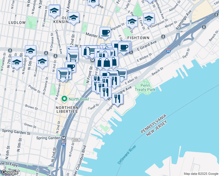 map of restaurants, bars, coffee shops, grocery stores, and more near 136 Melvale Street in Philadelphia