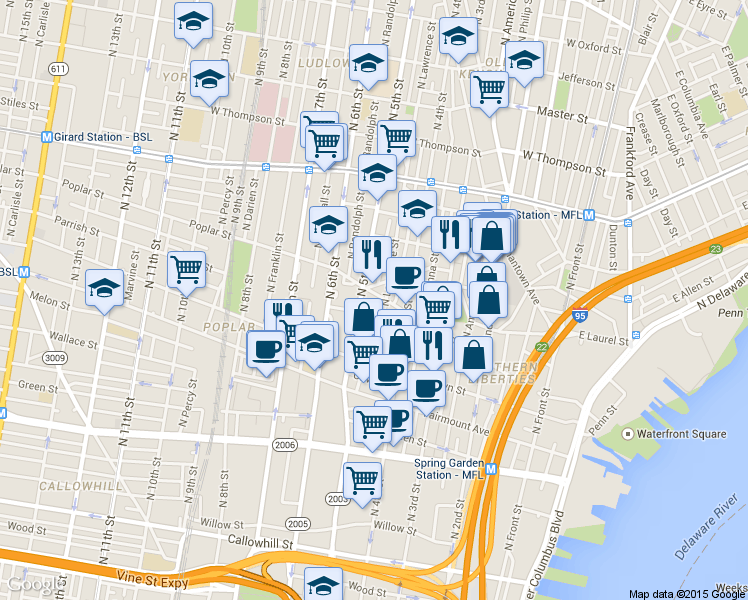 map of restaurants, bars, coffee shops, grocery stores, and more near in Philadelphia