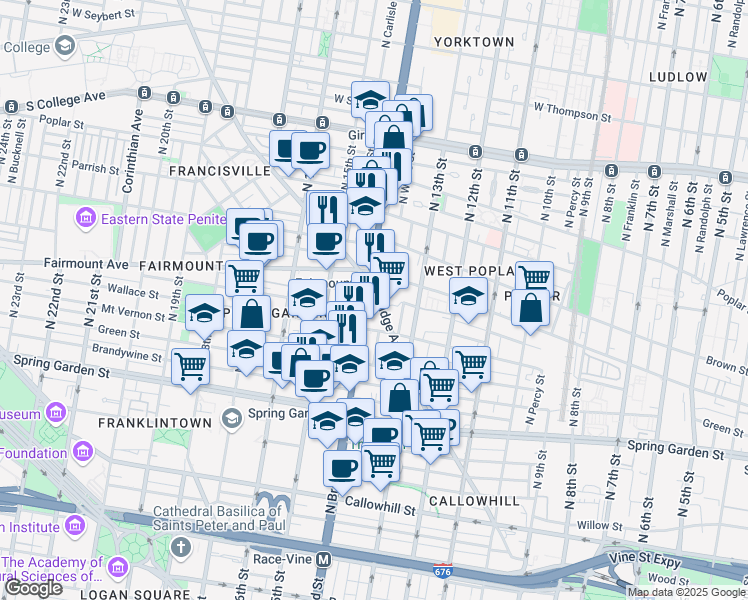 map of restaurants, bars, coffee shops, grocery stores, and more near 699 North Broad Street in Philadelphia