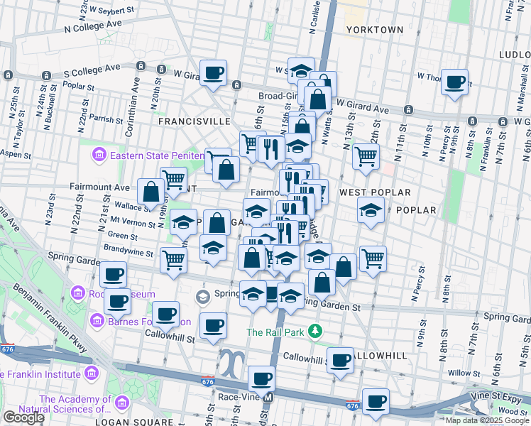 map of restaurants, bars, coffee shops, grocery stores, and more near 653 North 15th Street in Philadelphia
