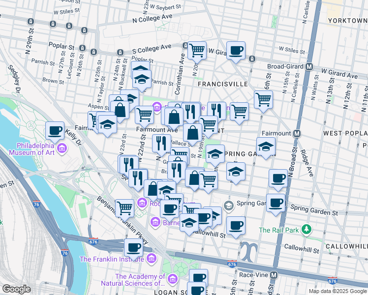 map of restaurants, bars, coffee shops, grocery stores, and more near 2011 Mount Vernon Street in Philadelphia