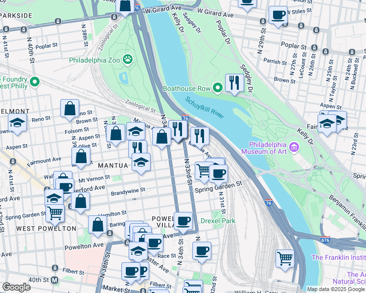 map of restaurants, bars, coffee shops, grocery stores, and more near 665 North 33rd Street in Philadelphia