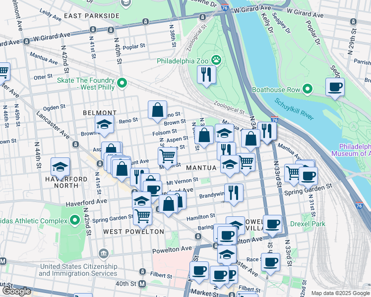 map of restaurants, bars, coffee shops, grocery stores, and more near 3801 Fairmount Avenue in Philadelphia