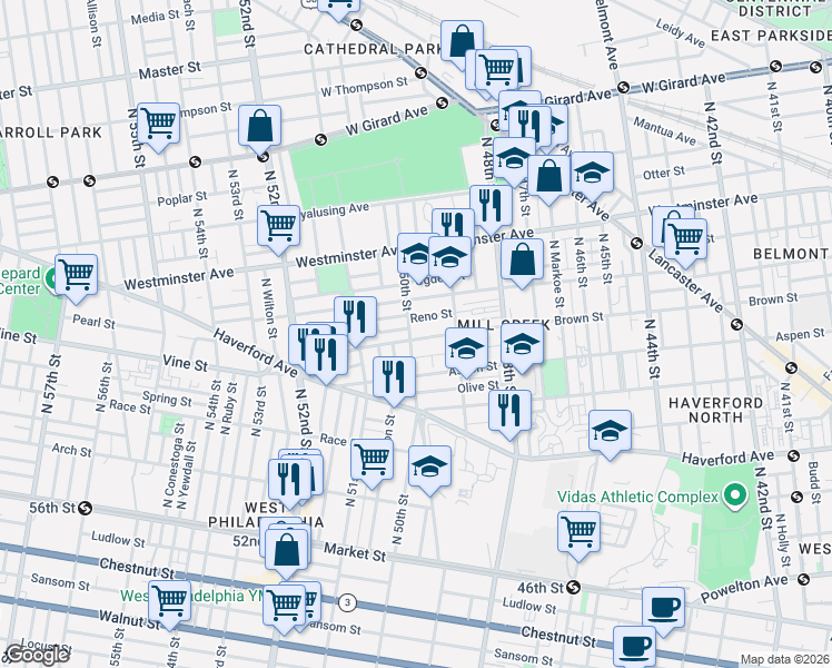 map of restaurants, bars, coffee shops, grocery stores, and more near 5003 Brown Street in Philadelphia