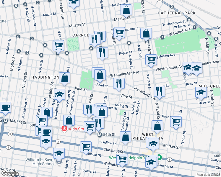 map of restaurants, bars, coffee shops, grocery stores, and more near 5538 Pearl Street in Philadelphia