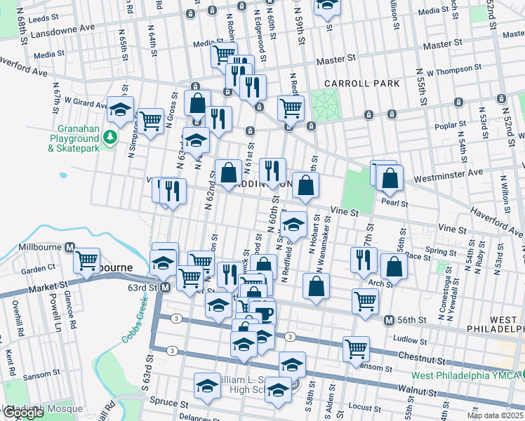 map of restaurants, bars, coffee shops, grocery stores, and more near 230 North 60th Street in Philadelphia