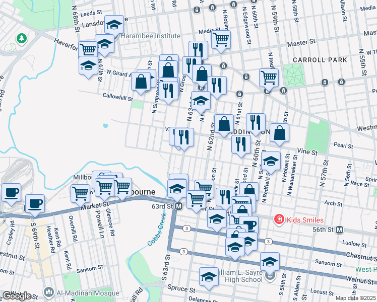 map of restaurants, bars, coffee shops, grocery stores, and more near 207 North 63rd Street in Philadelphia