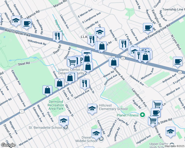map of restaurants, bars, coffee shops, grocery stores, and more near 2413 David Drive in Havertown