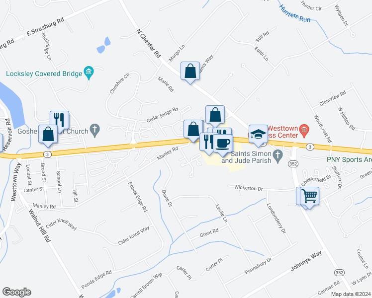 map of restaurants, bars, coffee shops, grocery stores, and more near 1480 West Chester Pike in West Chester