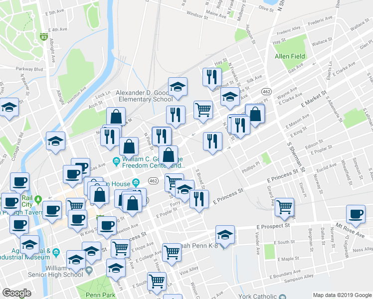 map of restaurants, bars, coffee shops, grocery stores, and more near 362 East Philadelphia Street in York