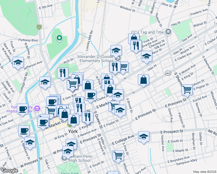 map of restaurants, bars, coffee shops, grocery stores, and more near 301 East Philadelphia Street in York