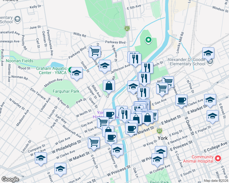 map of restaurants, bars, coffee shops, grocery stores, and more near 343 Cottage Hill Road in York