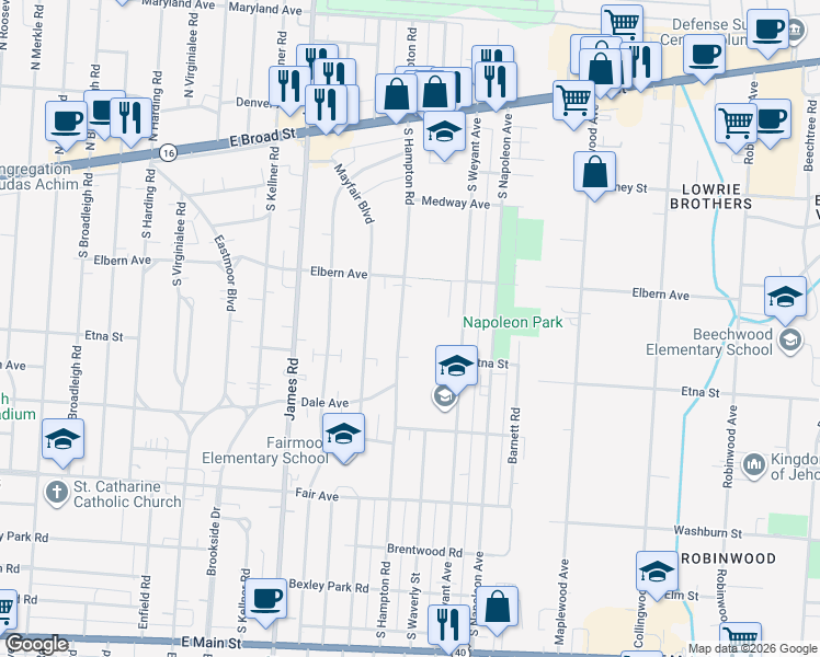 map of restaurants, bars, coffee shops, grocery stores, and more near 298 South Hampton Road in Columbus