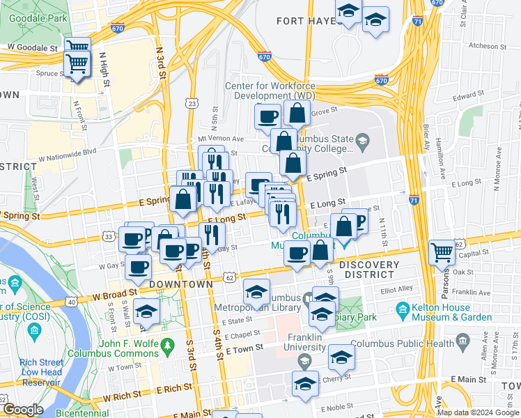 map of restaurants, bars, coffee shops, grocery stores, and more near 288 East Long Street in Columbus