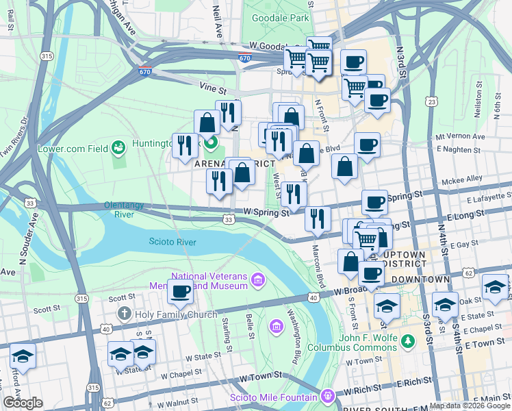 map of restaurants, bars, coffee shops, grocery stores, and more near 242 West Spring Street in Columbus