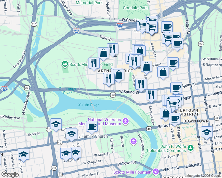 map of restaurants, bars, coffee shops, grocery stores, and more near 300 West Spring Street in Columbus