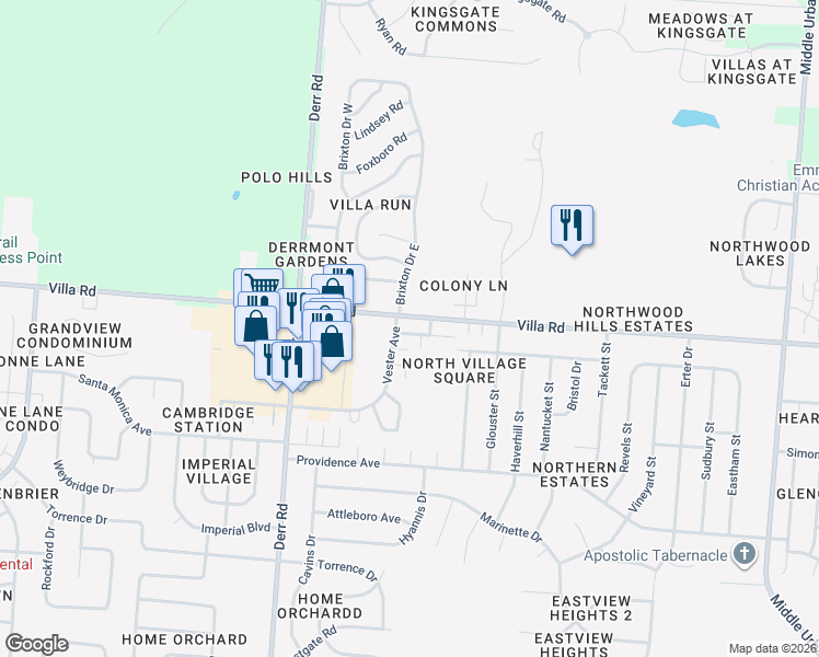 map of restaurants, bars, coffee shops, grocery stores, and more near 1227 Villa Road in Springfield