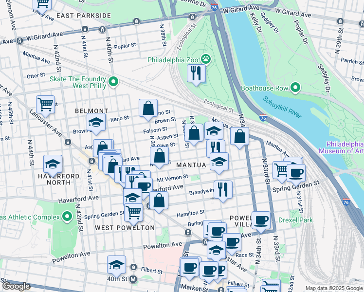 map of restaurants, bars, coffee shops, grocery stores, and more near 711 North 38th Street in Philadelphia