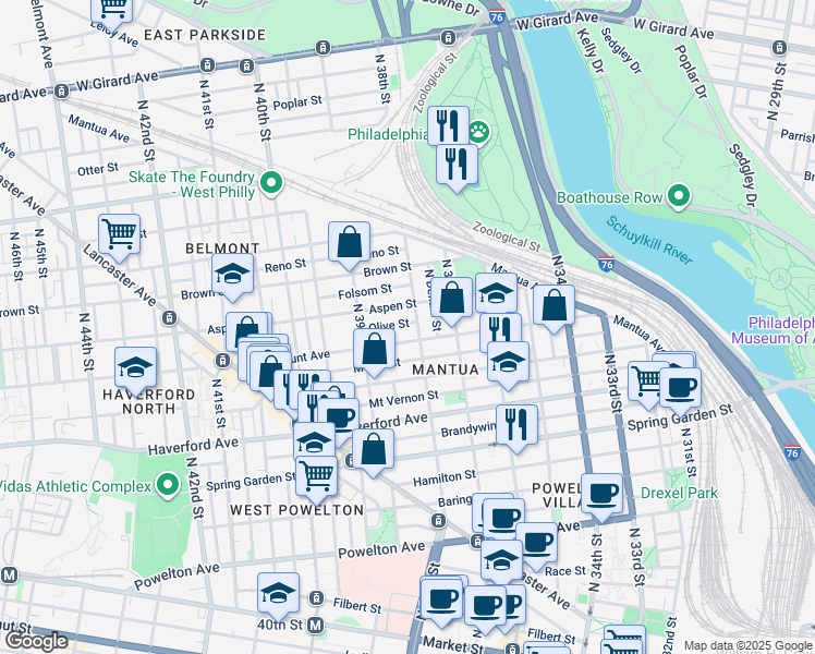 map of restaurants, bars, coffee shops, grocery stores, and more near 3812 Olive Street in Philadelphia