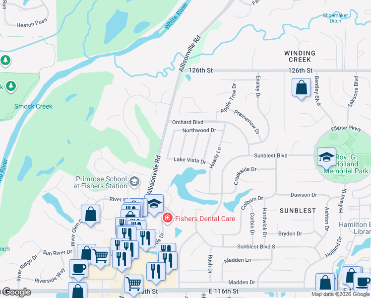 map of restaurants, bars, coffee shops, grocery stores, and more near 109 Meadow Lane in Fishers