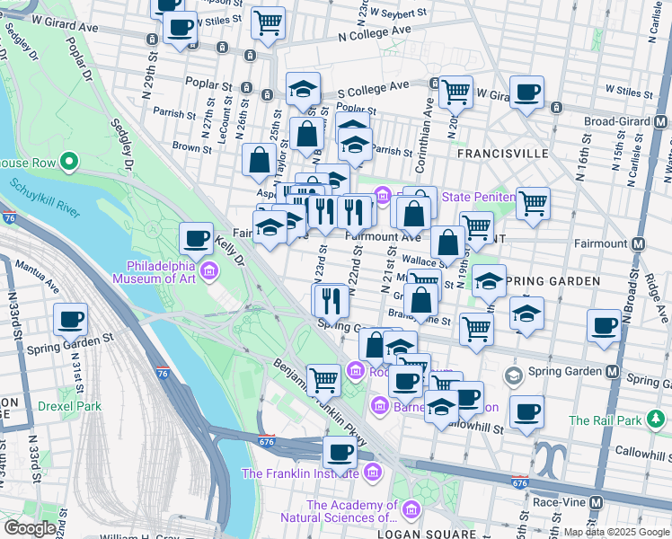 map of restaurants, bars, coffee shops, grocery stores, and more near 2216 Mount Vernon Street in Philadelphia
