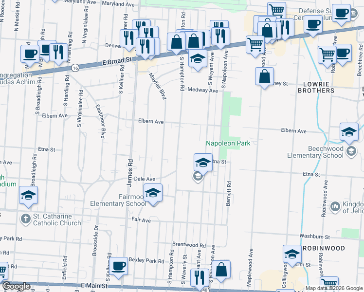 map of restaurants, bars, coffee shops, grocery stores, and more near 298 South Hampton Road in Columbus
