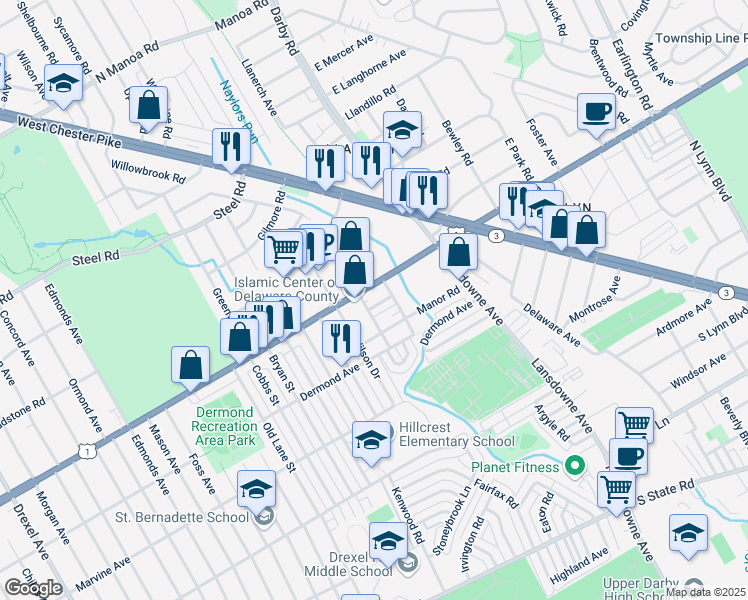 map of restaurants, bars, coffee shops, grocery stores, and more near 2413 David Drive in Havertown