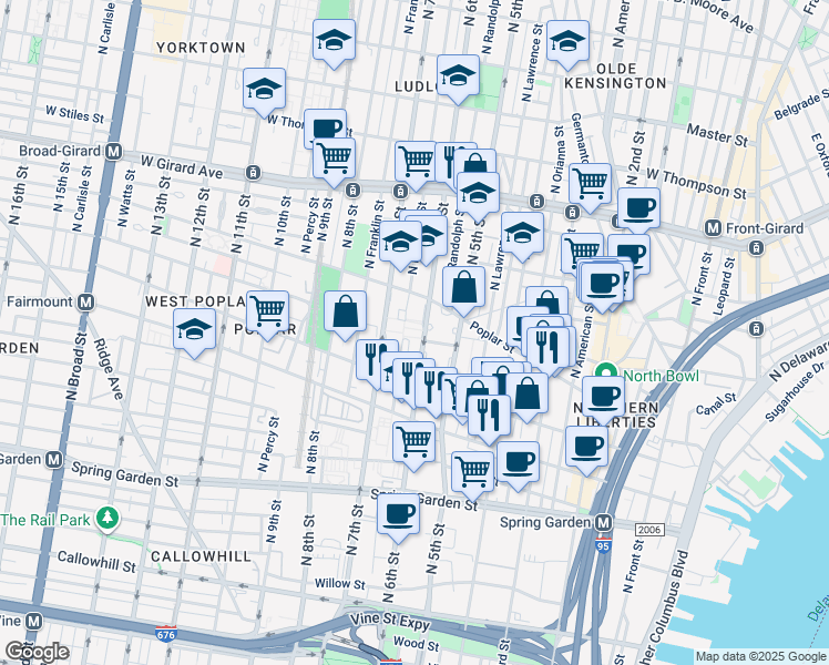 map of restaurants, bars, coffee shops, grocery stores, and more near 523 Parrish Street in Philadelphia