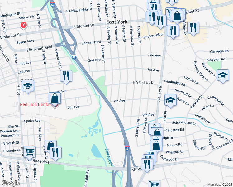 map of restaurants, bars, coffee shops, grocery stores, and more near 540 South Vernon Street in York
