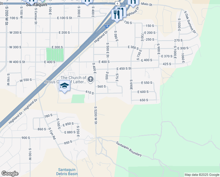 map of restaurants, bars, coffee shops, grocery stores, and more near 577 South 500 East Street in Santaquin