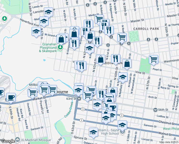 map of restaurants, bars, coffee shops, grocery stores, and more near 207 North Felton Street in Philadelphia
