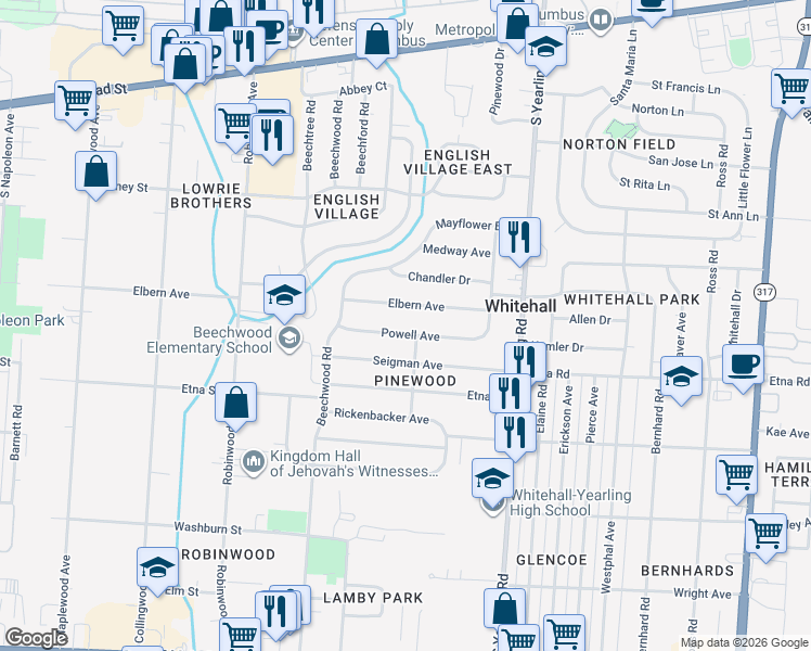 map of restaurants, bars, coffee shops, grocery stores, and more near 4120 Powell Ave in Columbus