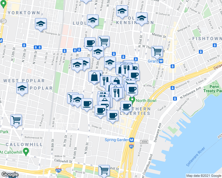 map of restaurants, bars, coffee shops, grocery stores, and more near 926 North Orianna Street in Philadelphia