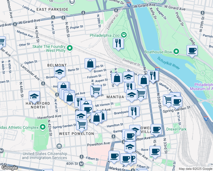 map of restaurants, bars, coffee shops, grocery stores, and more near 3804 Olive Street in Philadelphia