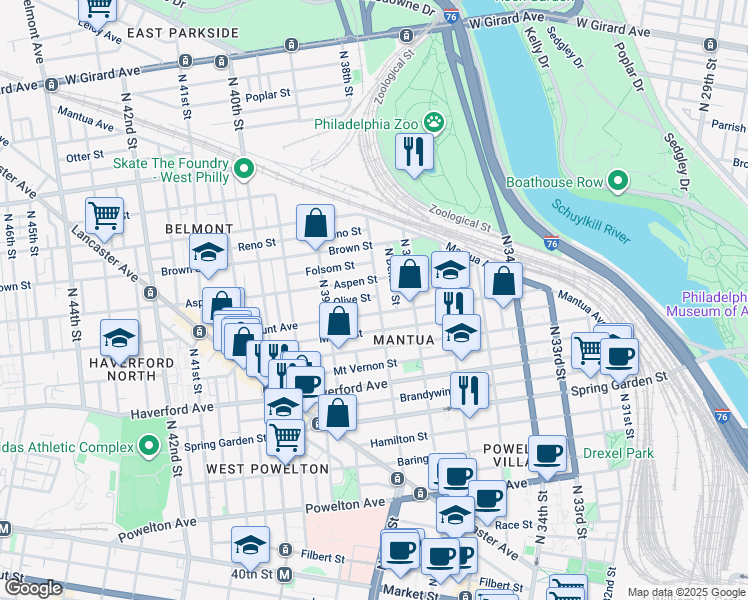 map of restaurants, bars, coffee shops, grocery stores, and more near 3804 Olive Street in Philadelphia