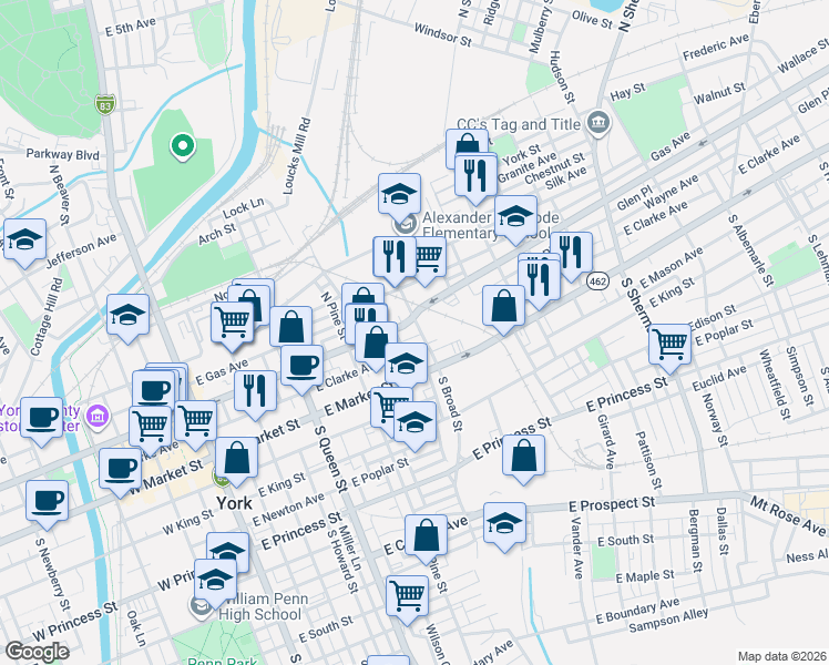 map of restaurants, bars, coffee shops, grocery stores, and more near 362 East Philadelphia Street in York