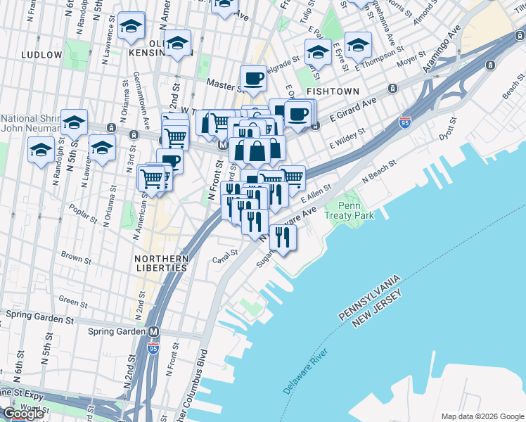 map of restaurants, bars, coffee shops, grocery stores, and more near 136 Melvale Street in Philadelphia