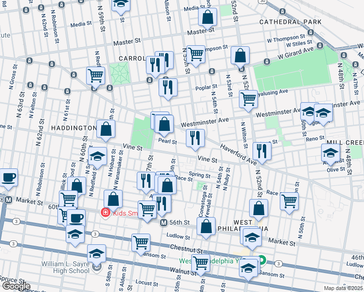 map of restaurants, bars, coffee shops, grocery stores, and more near 5538 Pearl Street in Philadelphia