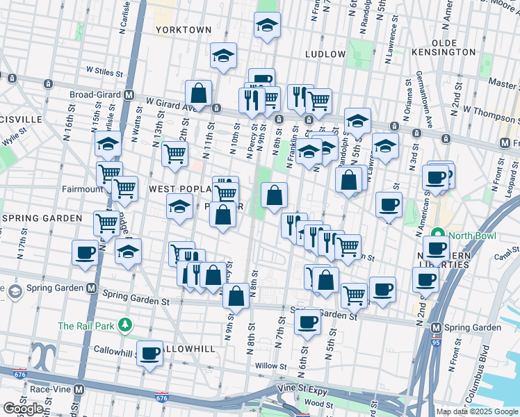 map of restaurants, bars, coffee shops, grocery stores, and more near 800 North 8th Street in Philadelphia