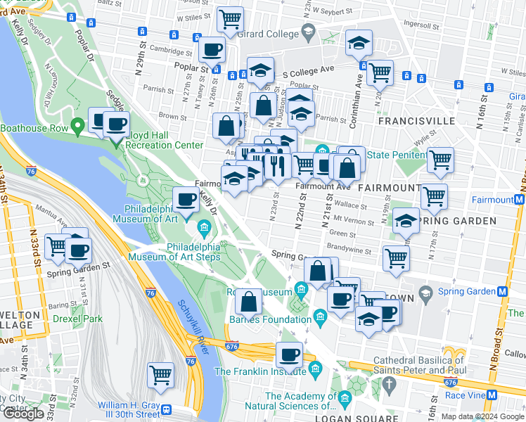 map of restaurants, bars, coffee shops, grocery stores, and more near 2313 Green Street in Philadelphia