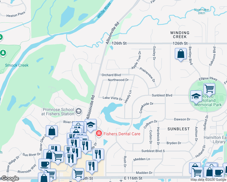 map of restaurants, bars, coffee shops, grocery stores, and more near 109 Meadow Lane in Fishers