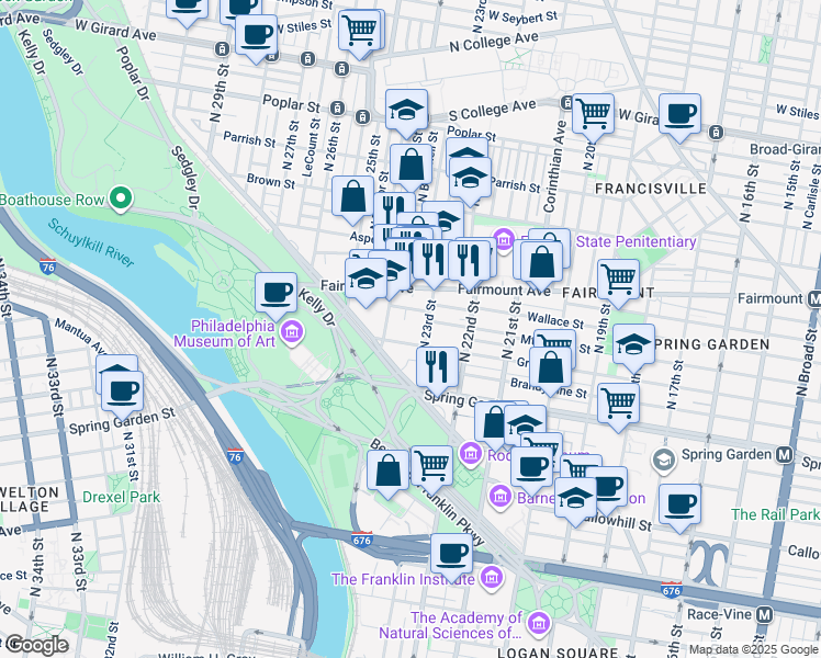 map of restaurants, bars, coffee shops, grocery stores, and more near 2313 Green Street in Philadelphia